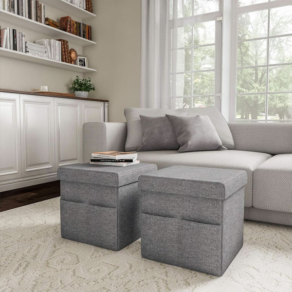 Gray 15 Inch Collapsible Storage Ottomans Compartments