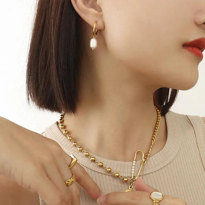 Pearl Drop Gold Hoop Earrings
