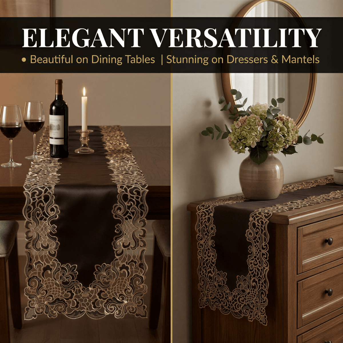 Black Gold Table Runner – Noir Luxe, 14x108 Inch