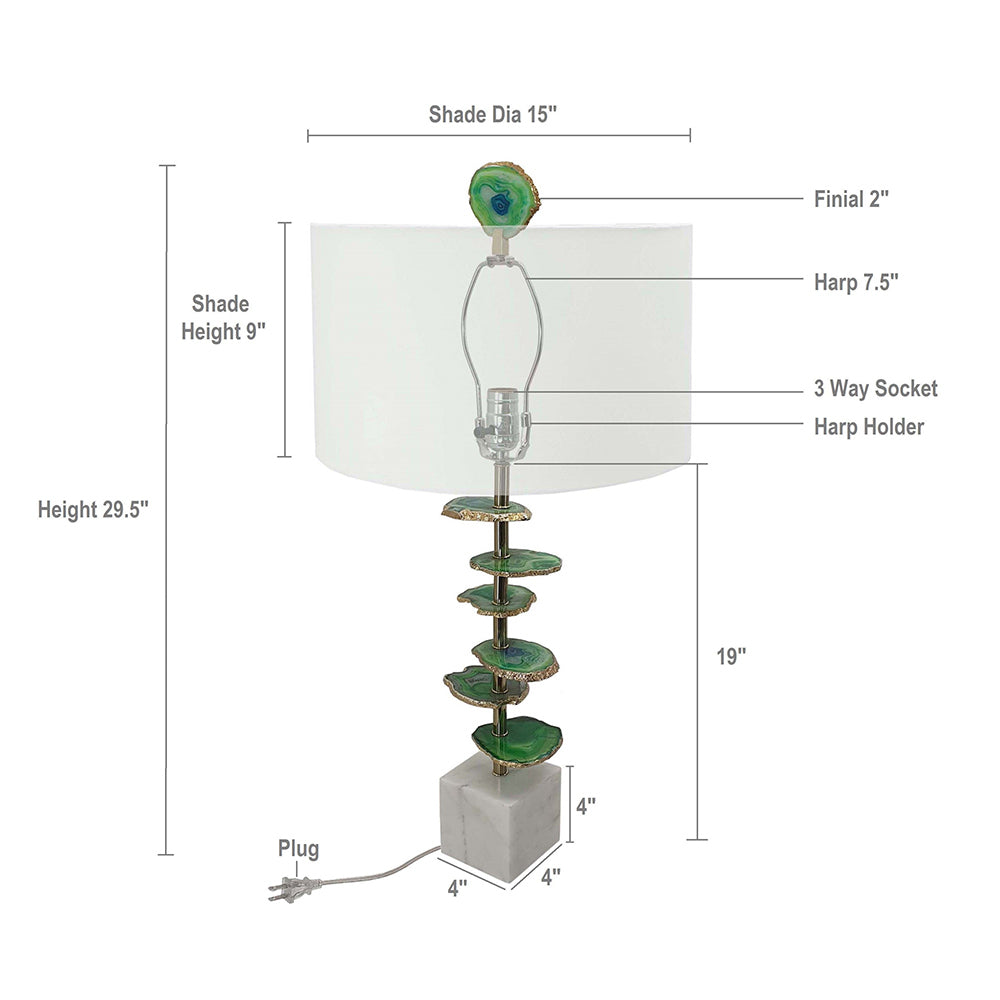 D15x29.5' Verdant Agate-Slice Table Lamp w/ Marble Base