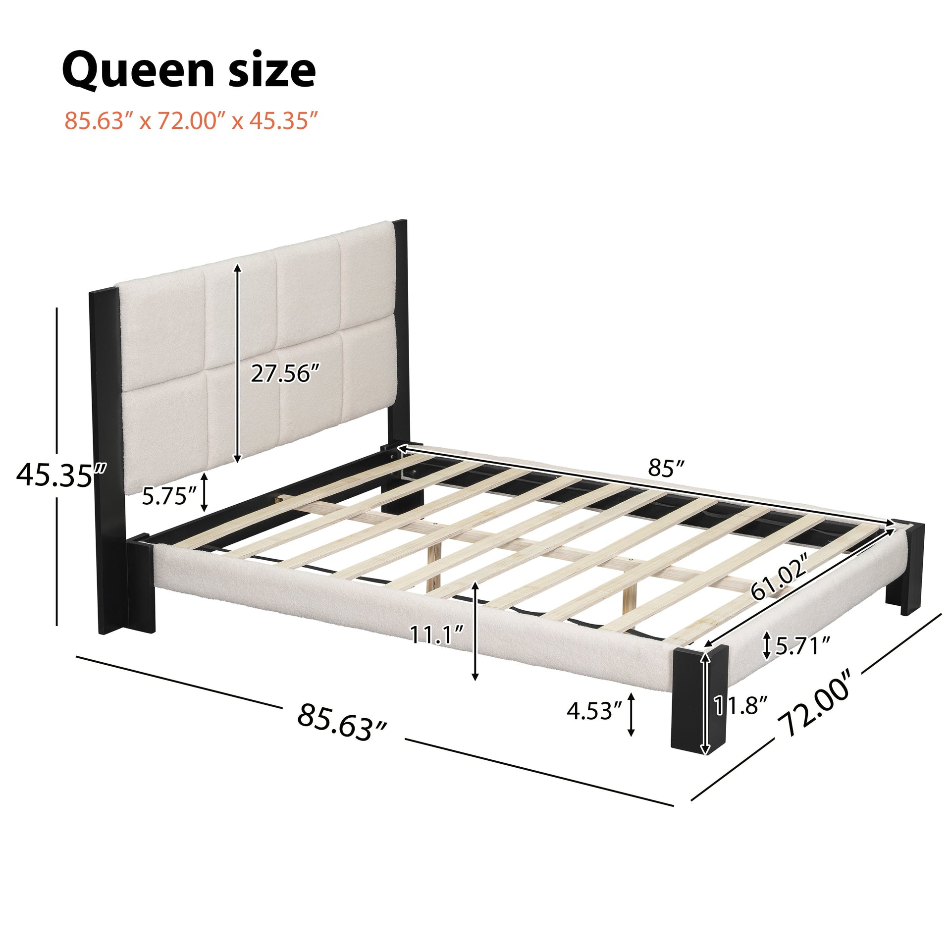 Boucle Queen Bed Frame with Square-Stitched Headboard