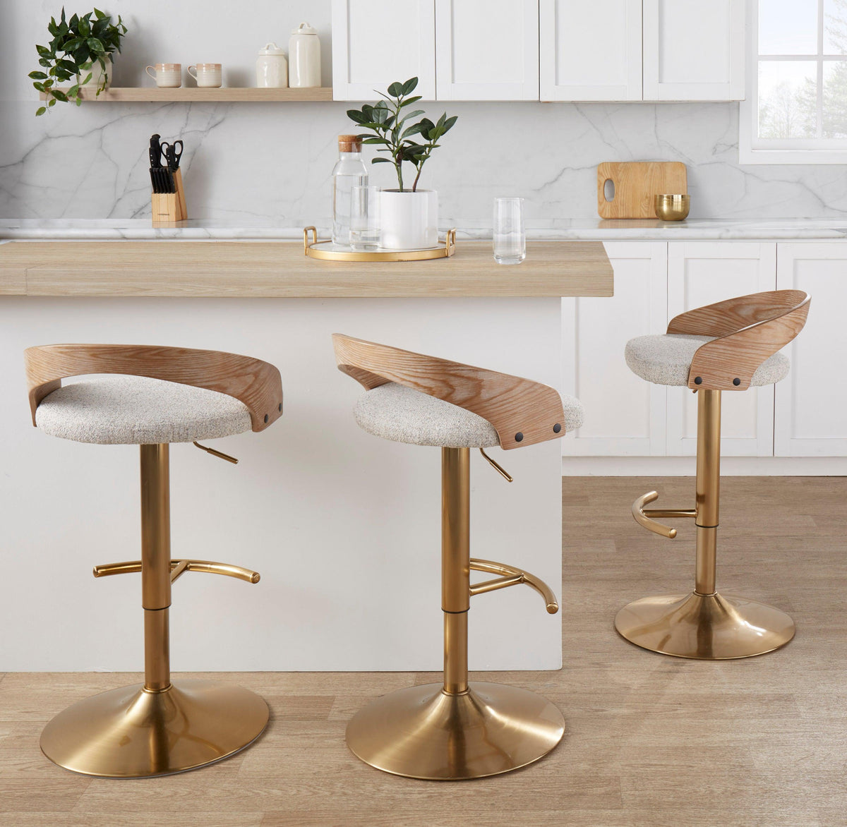 Modern White Upholstered Adjustable Bar Stools with Gold Base – 360° Swivel, Set of 3