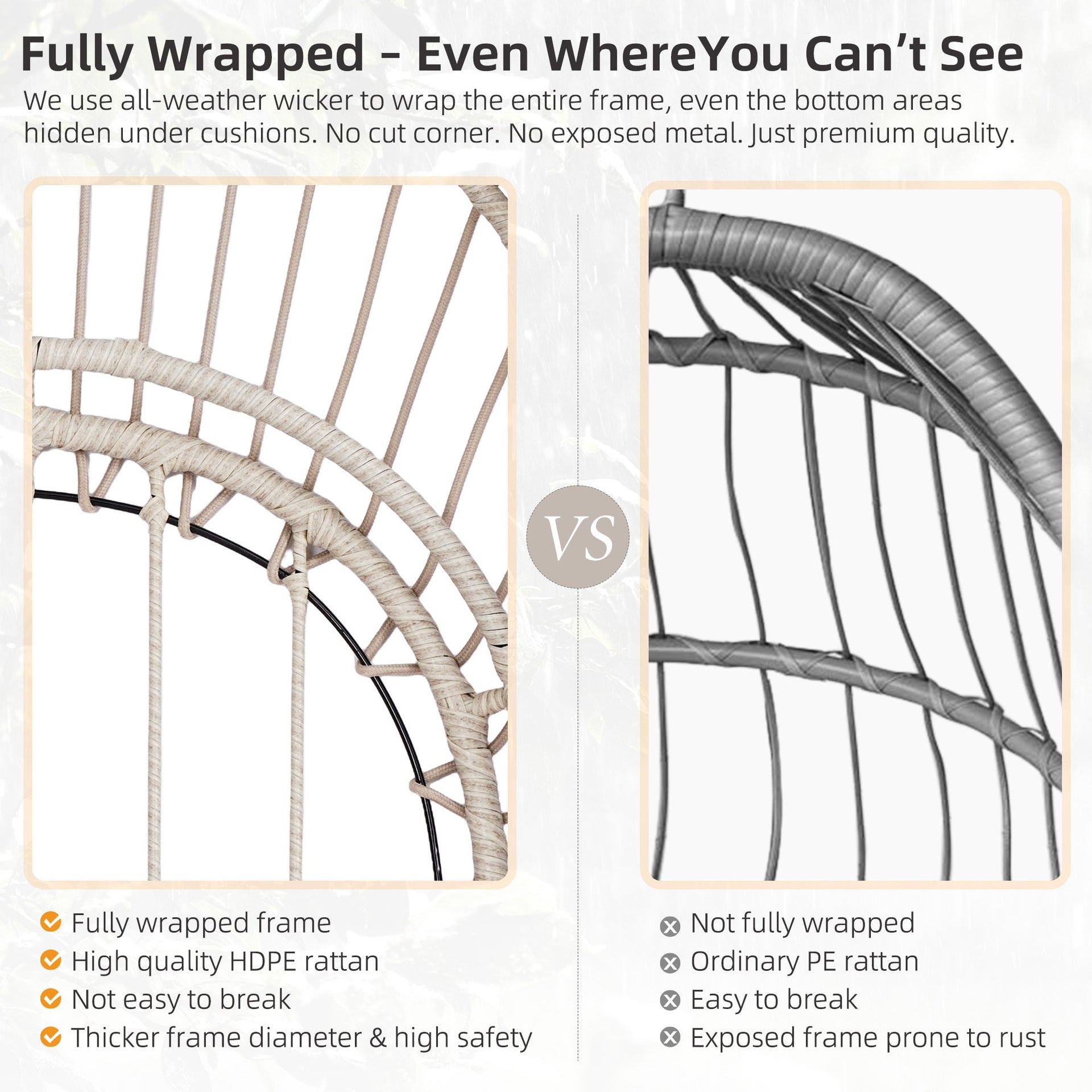 Outdoor Garden Rattan Egg Swing Hanging Chair PE Wicker Hanging Chair for Outdoor Patio