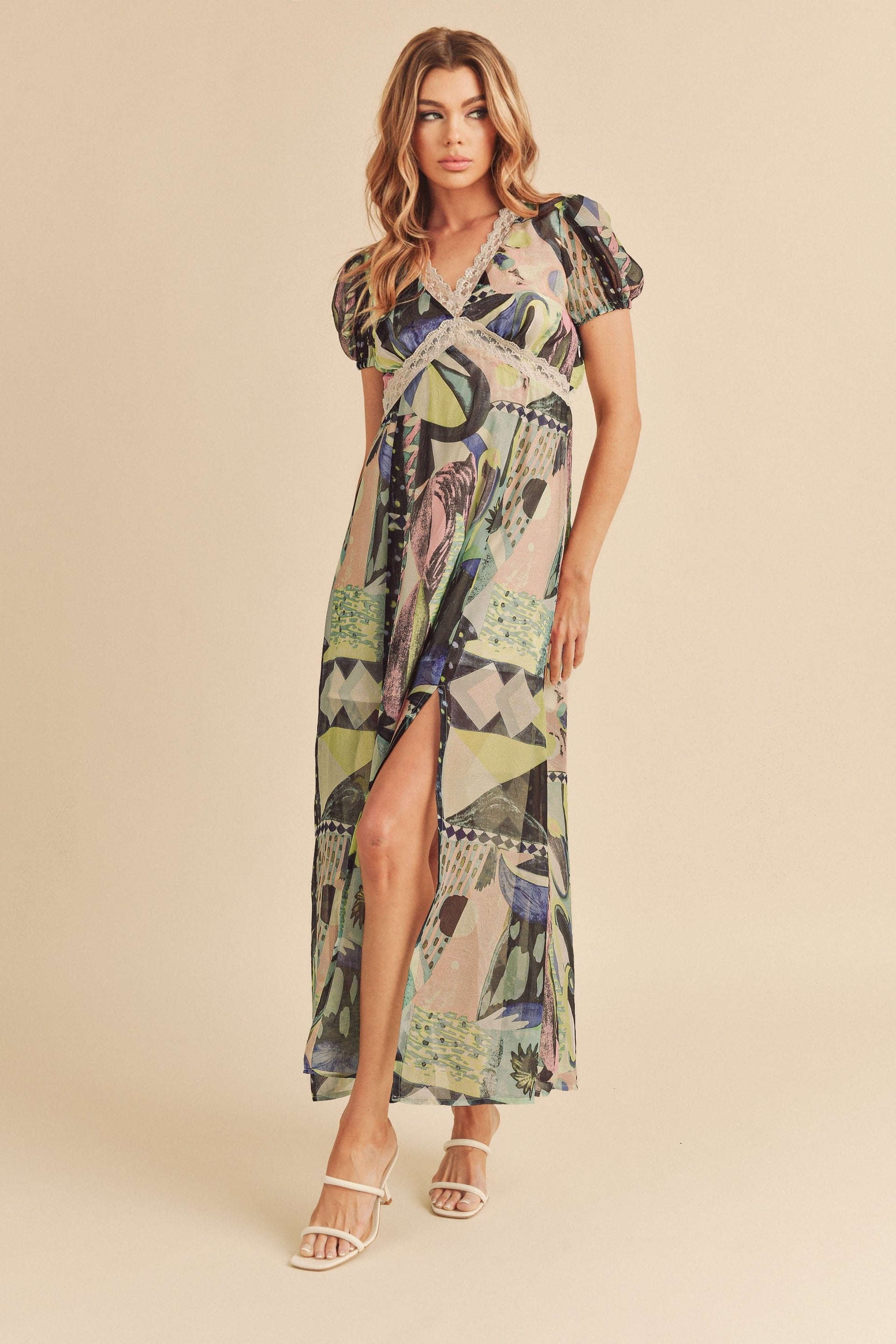 Lace Detail Slit Geometric Print Short Sleeve Maxi Comfortable Dress For Women, Elegant Lace, Alluring Slit, Sophisticated Geometric Print for Casual & Dressy Occasions