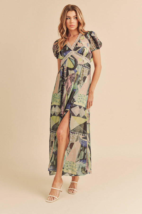 Lace Detail Slit Geometric Print Short Sleeve Maxi Comfortable Dress For Women, Elegant Lace, Alluring Slit, Sophisticated Geometric Print for Casual & Dressy Occasions