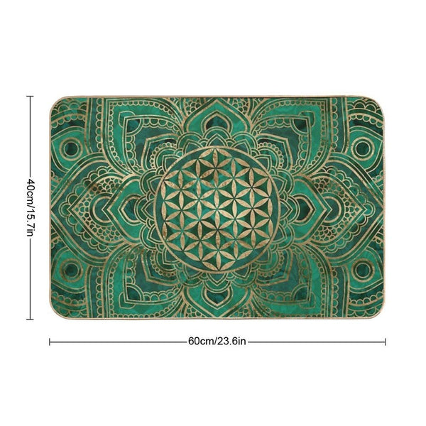 Flower of Life in Lotus - Malachite And Gold Bath Mat