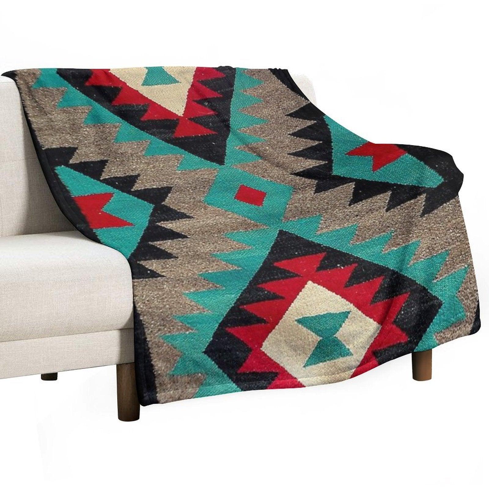 Navajo Blanket Pattern, Turquise, Red, Grey, Black Throw Blanket