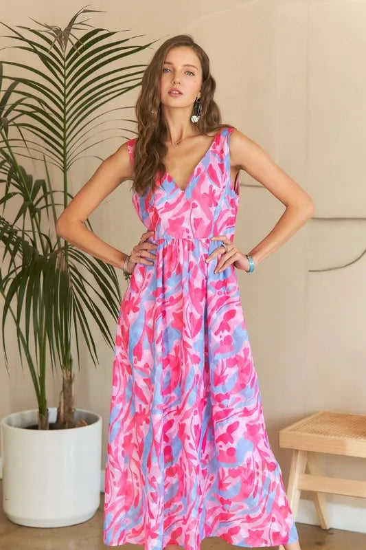 New Summer Abstract Floral V-Neck Maxi Dress – Elegant, Artistic Print, Flattering Silhouette, Sophisticated Glamour