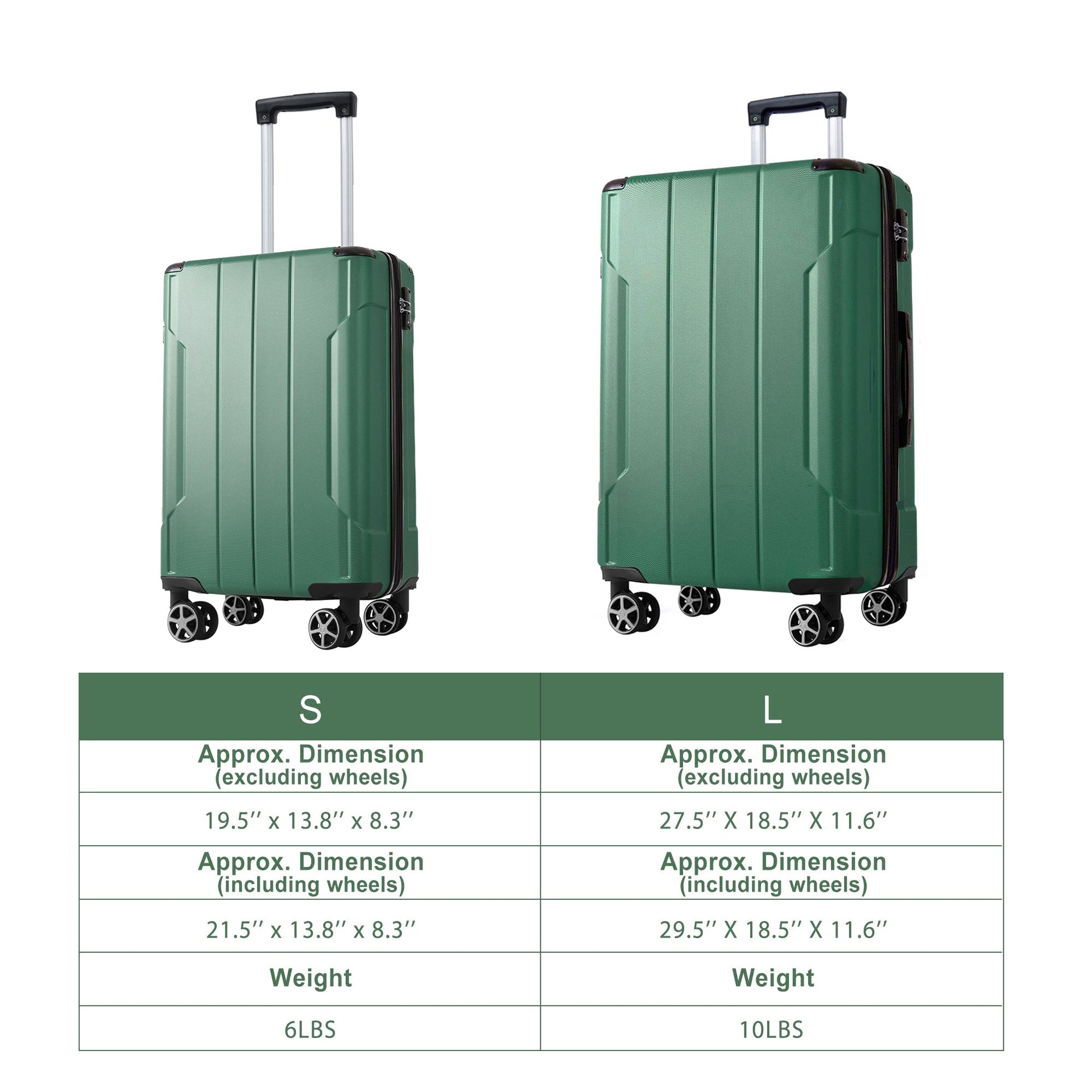 Luggage Sets 2 Piece, Hardshell ABS Lightweight and Expandable(only 28') Suitcases with Double Wheels, Carry-on Luggage, 2-Piece Set (20/28), Green