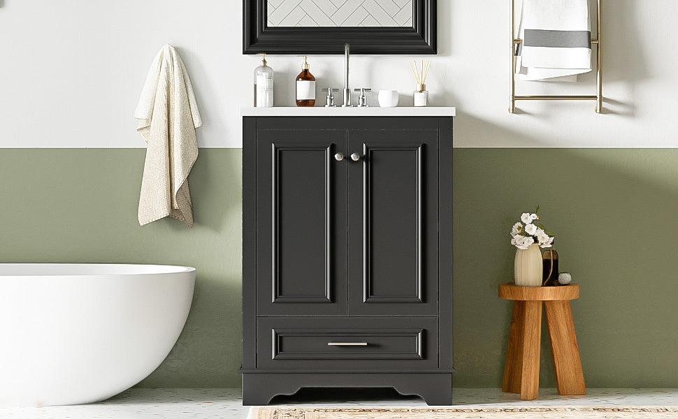 Bathroom Vanity with Ceramic Sink and Modern Freestanding Storage Cabinet, Soft-Close Doors