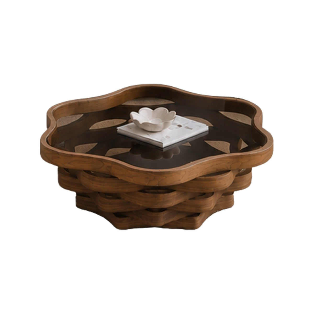 Modern Walnut Cloud Coffee Table with Tinted Glass Top & Sculptural Base