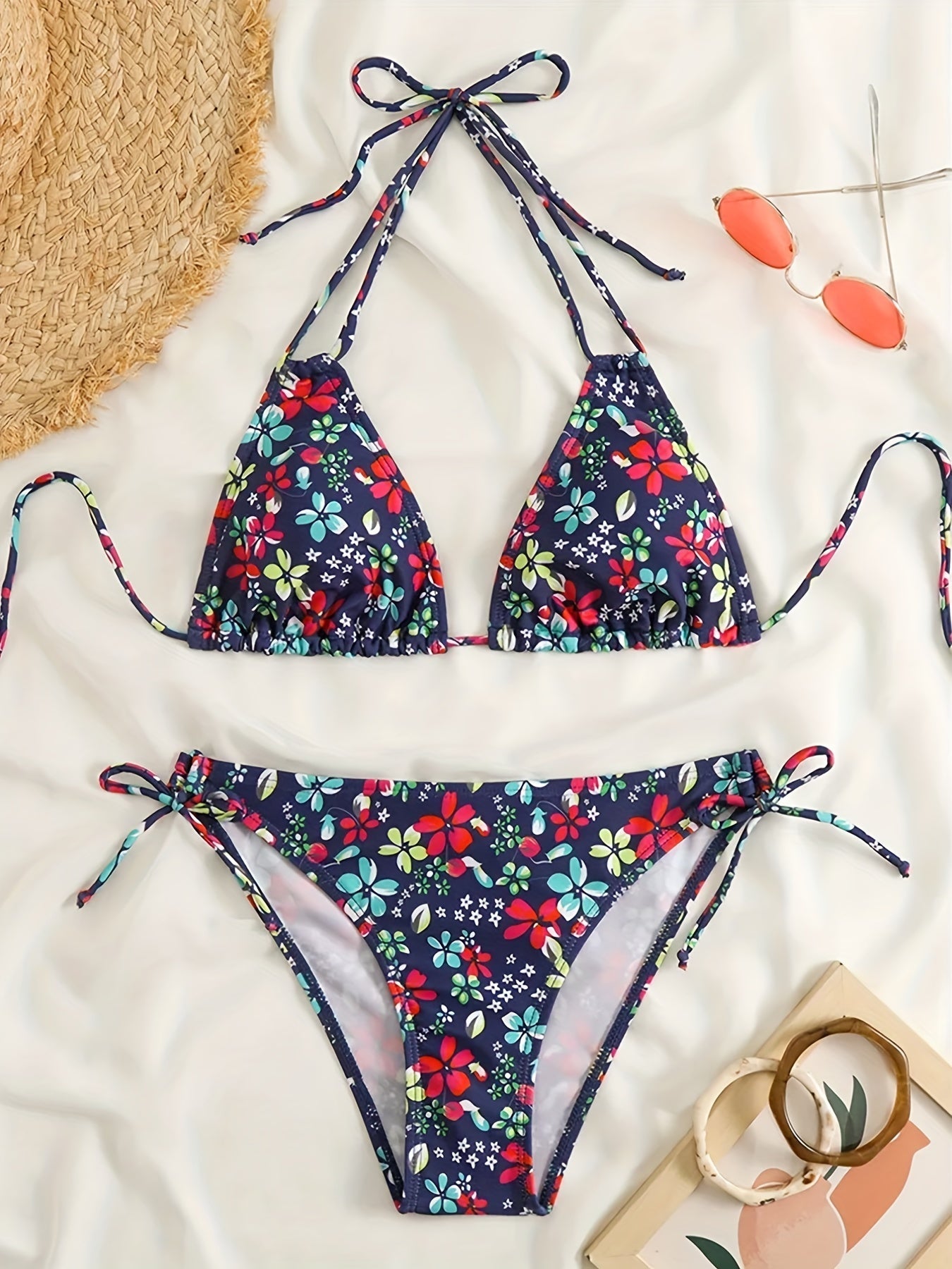 Sunset Bloom 2-Piece Triangle Bikini Set for Women – Vibrant Random Floral Print Halter Neck Swimsuit with Tie-Back Tie-Side Bottoms & High Cut Legs – Women's High-Stretch Swimwear for Summer Beach Escapes