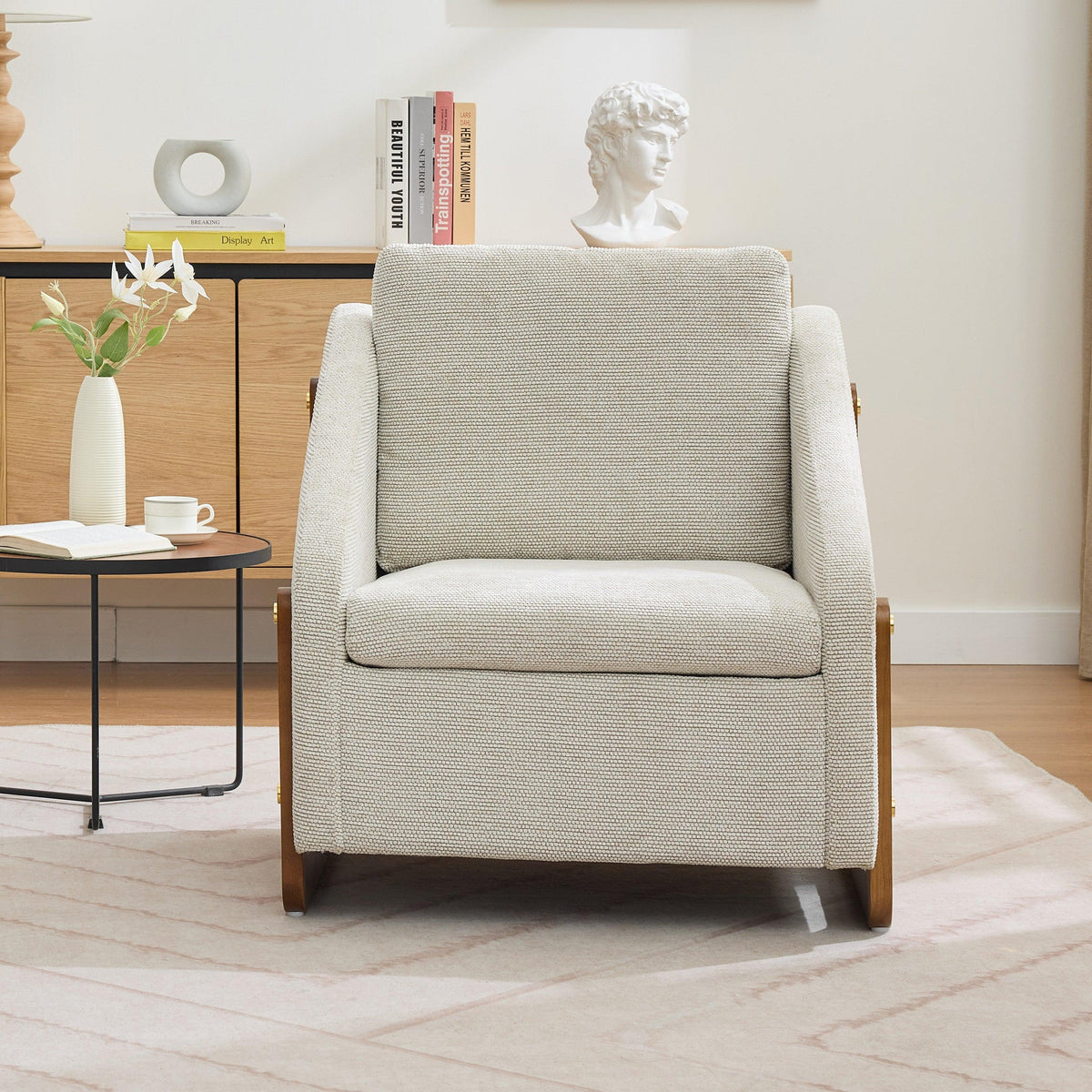 Modern Upholstered Armchair with Wooden Side Frame