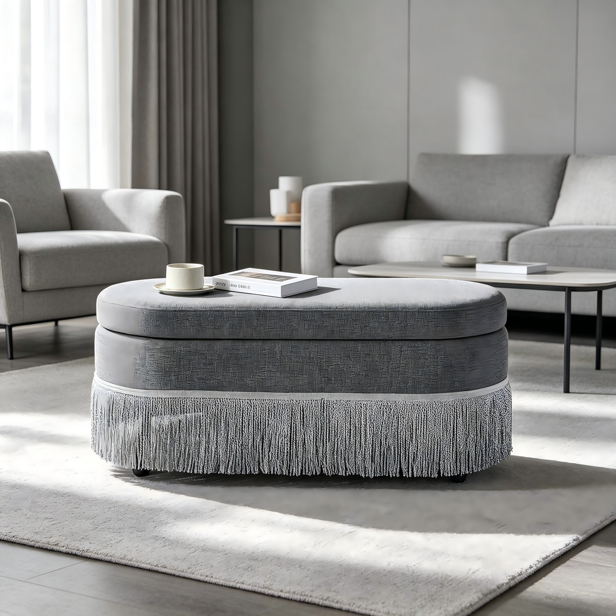 Oval Upholstered Storage Ottoman with Fringe Trim & Lift-Top Lid