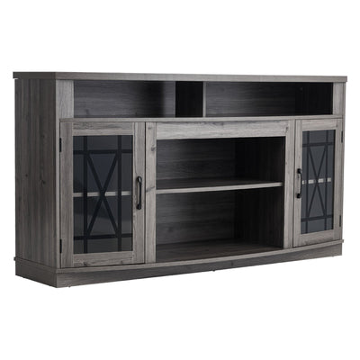 TV Stand For TVs Up To 65 Inch, Farmhouse Entertainment Center With Light Strip, Wooden TV Cabinet Storage With Glass Doors And Adjustable Shelves, Console Table For Living Room, Bedroom, Gray