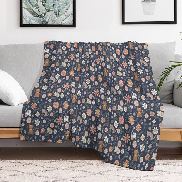 Flower Meower (Navy) Travel-friendly Throw Blanket