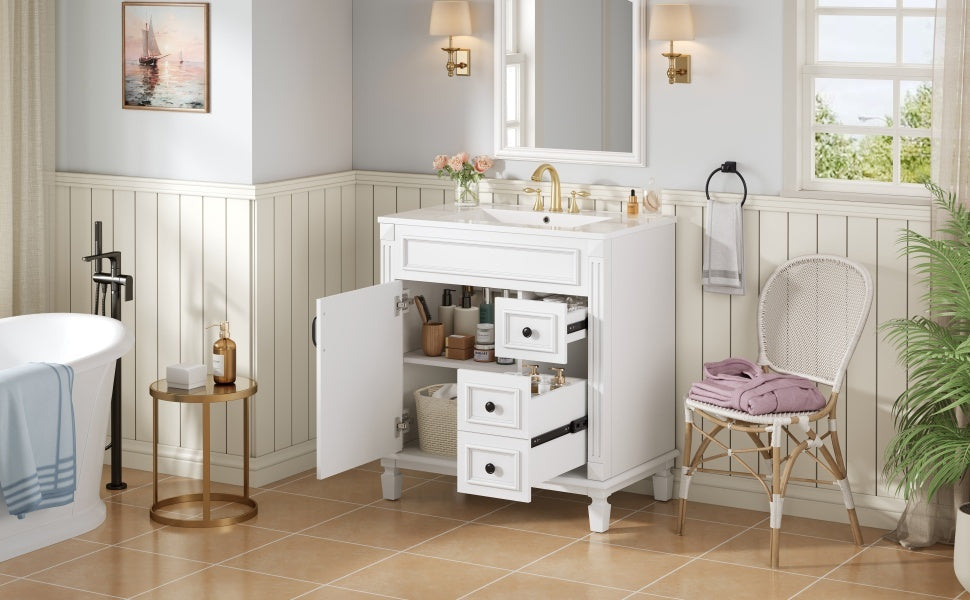 Bathroom Vanity with Ceramic Sink, Modern Cabinet with 2 Drawers & Shelf