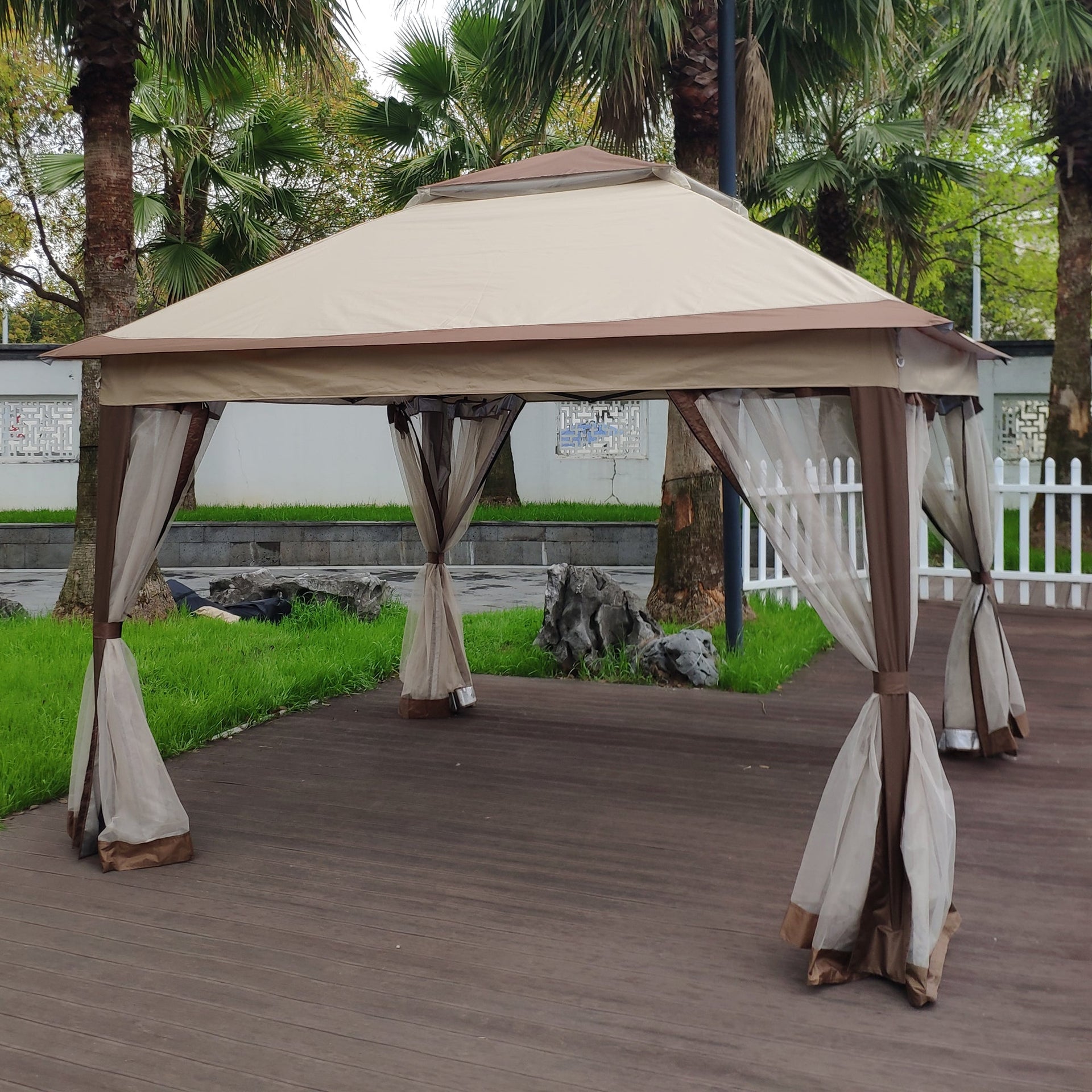 Outdoor Pop-Up Gazebo Canopy 11 x 11 ft (132 x 132 inch) with 2-Tier Soft Top and Removable Zipper Netting - Coffee Metal