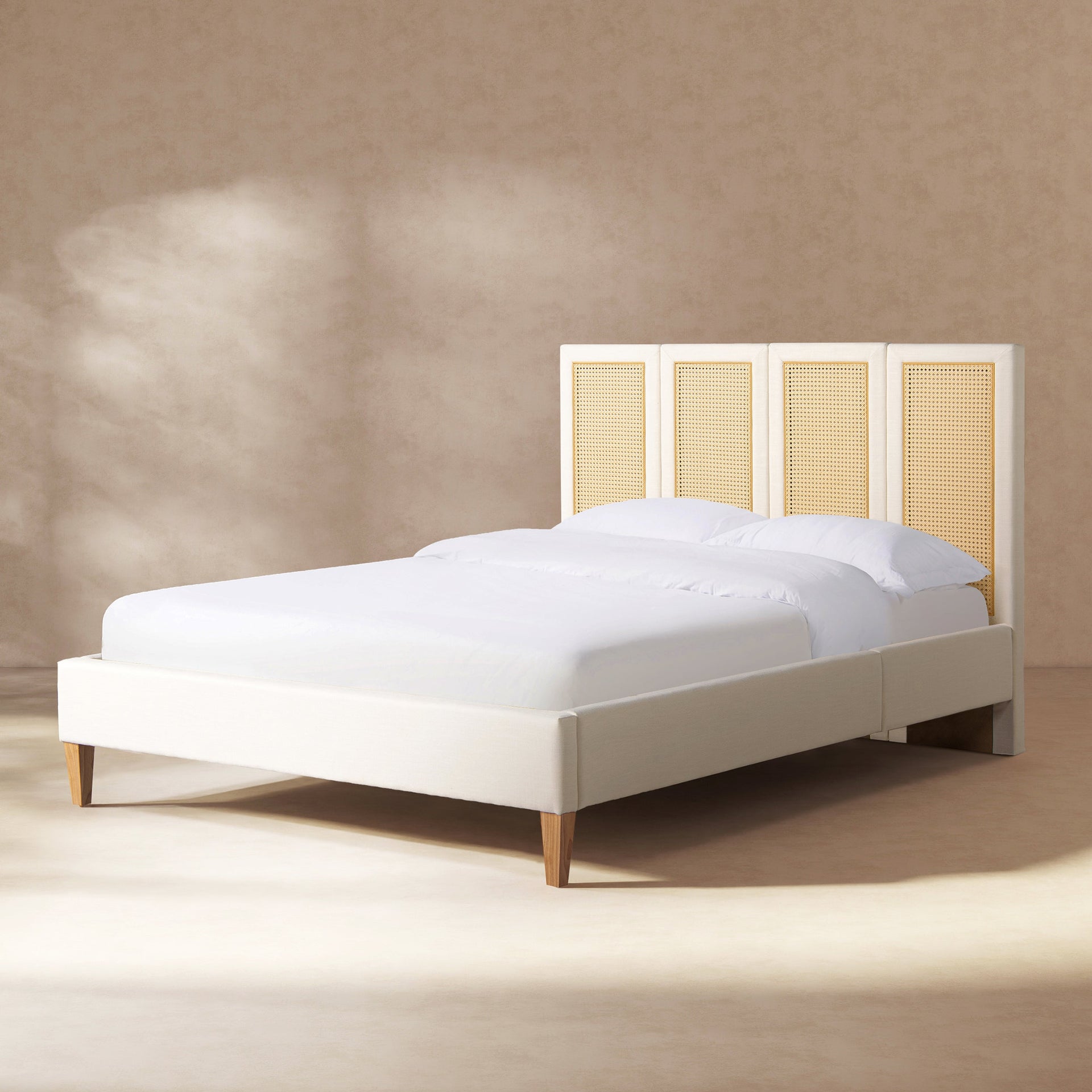 Toscana Queen Upholstered Cane Back Platform Bed, Antique