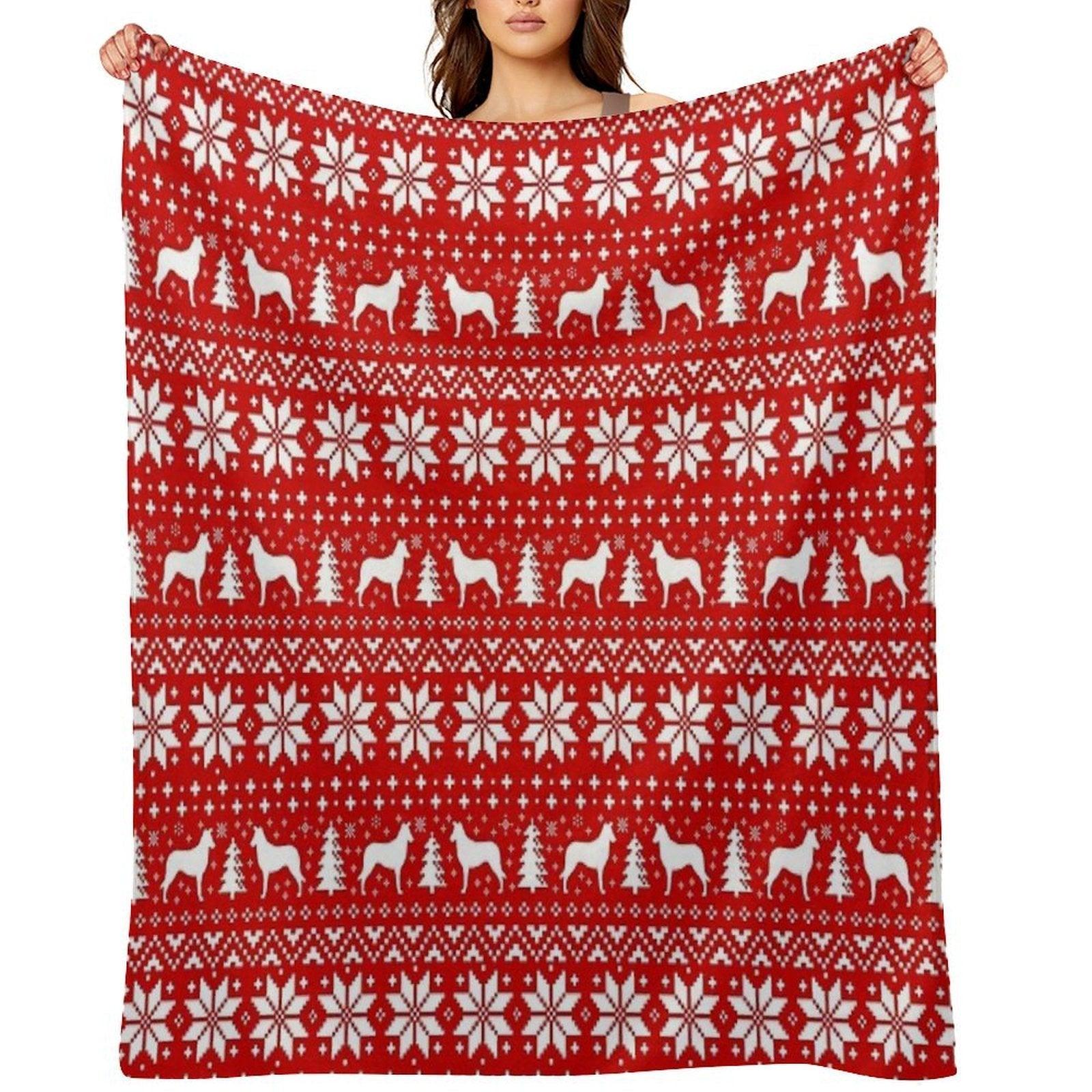 Smooth Collie Silhouettes Red And White Christmas Holiday Pattern Throw Blanket