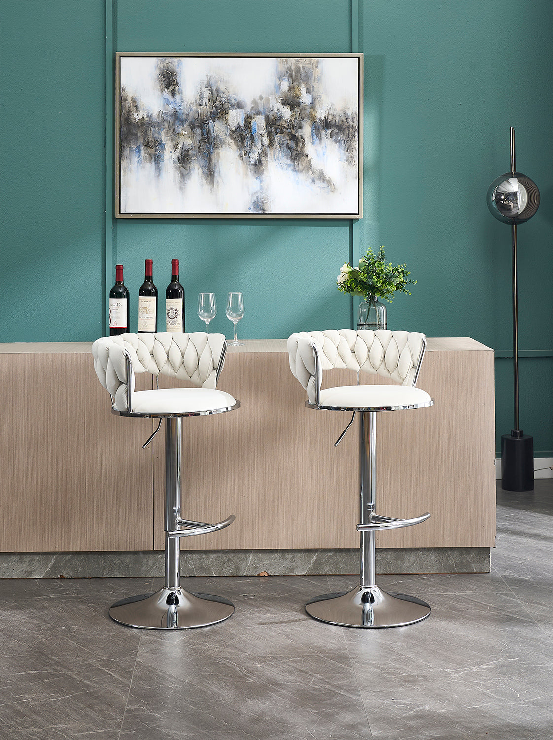 Set of 2 Bar Stools with Chrome Footrest & Base Swivel Height Adjustable Velvet