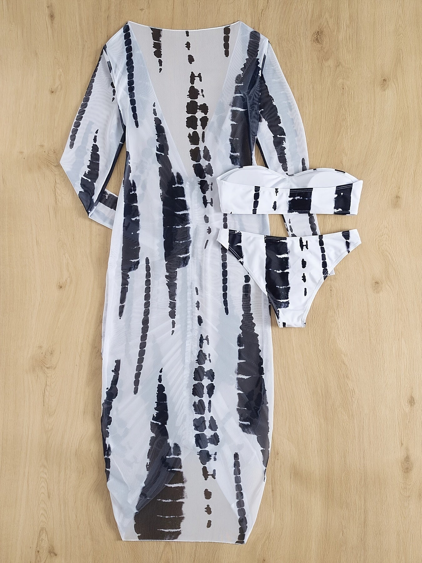 Horizon Haze 3-Piece Tie Dye Bandeau Bikini Set for Women – Strapless Tube Top with Long Sleeve Semi-Sheer Cover-Up Dress for Summer – Artistic Stripe Print Swimwear Ensemble for Bold Summer Fashion