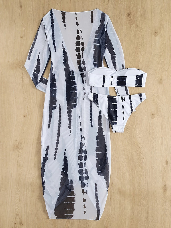 Horizon Haze 3-Piece Tie Dye Bandeau Bikini Set for Women – Strapless Tube Top with Long Sleeve Semi-Sheer Cover-Up Dress for Summer – Artistic Stripe Print Swimwear Ensemble for Bold Summer Fashion