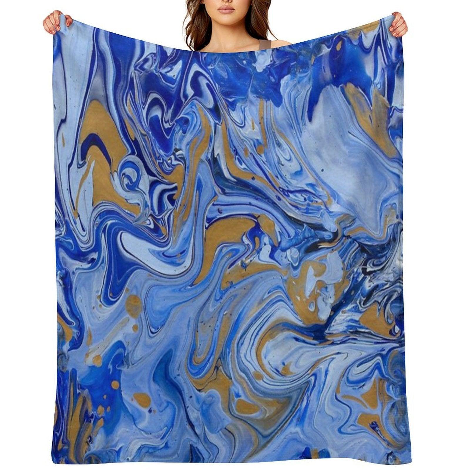 Blue And Gold Sky Swirl Acrylic Painted Art Throw Blanket