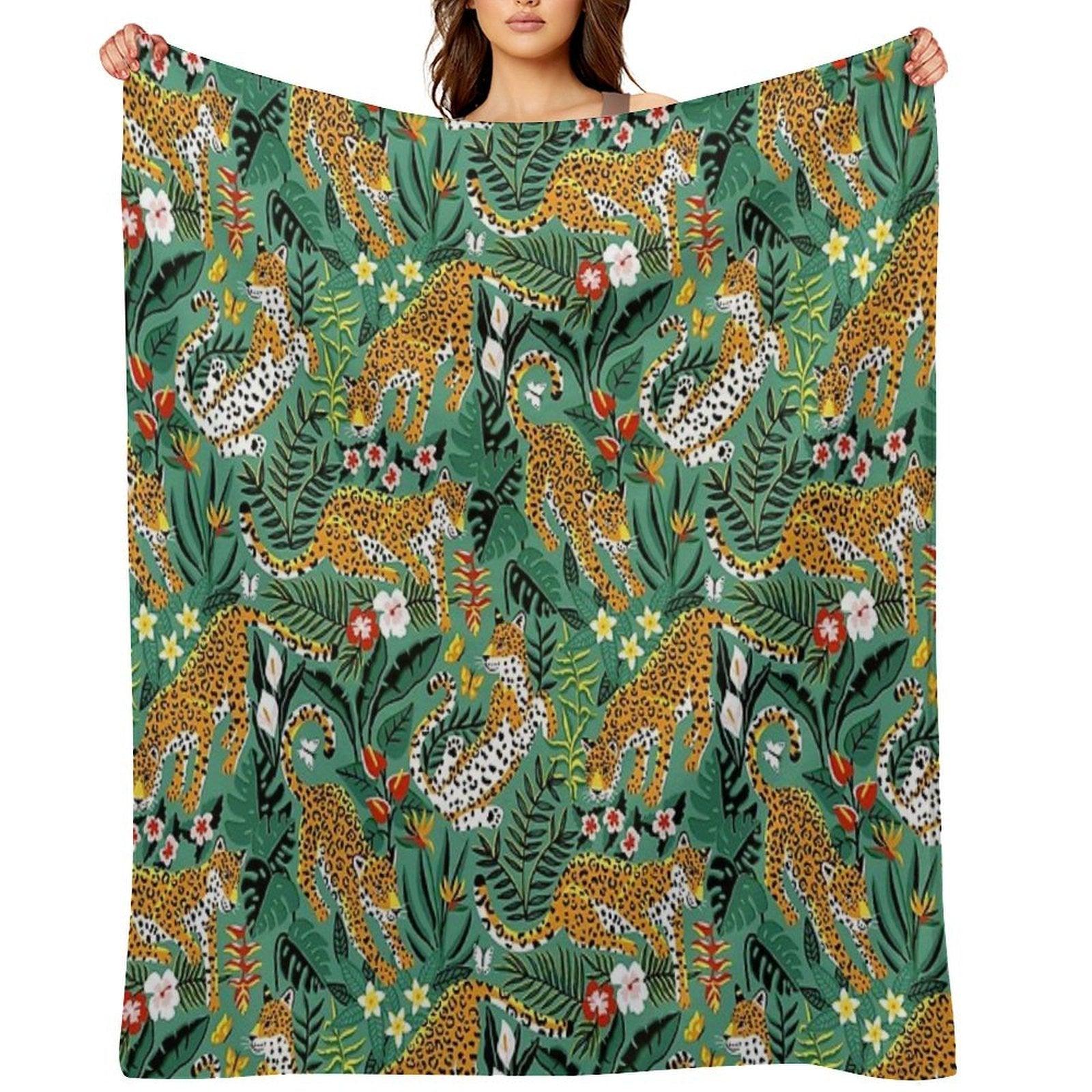 Dancing Jaguar Jungle - Green Throw Blanket