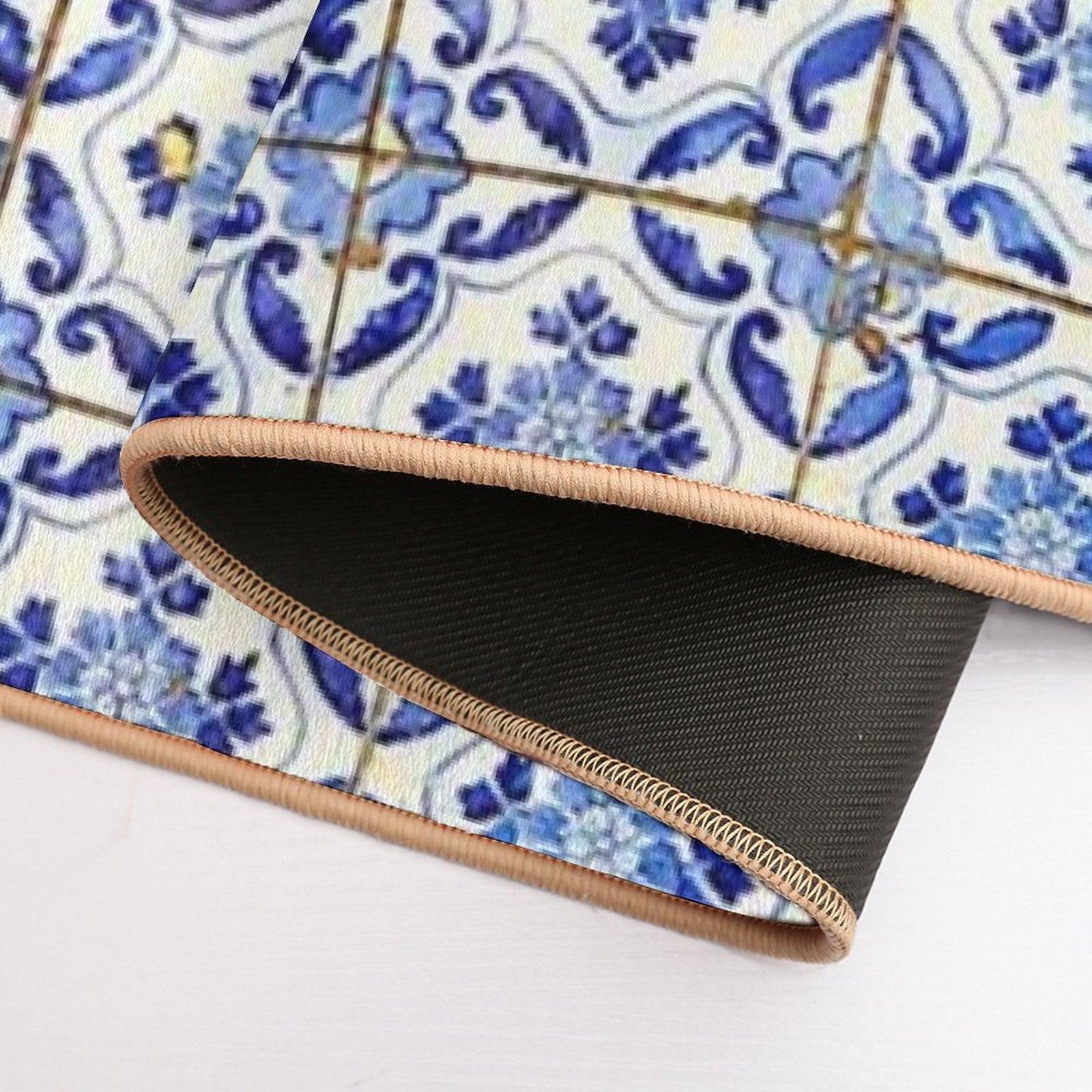 Portuguese Tiles. Blue Flowers And Leaves Bath Mat