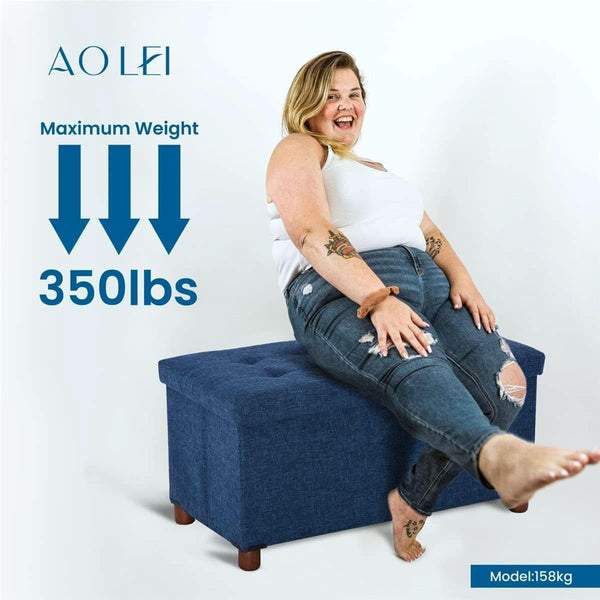 Blue Linen 30-Inch Storage Ottoman Bench Removable Lid