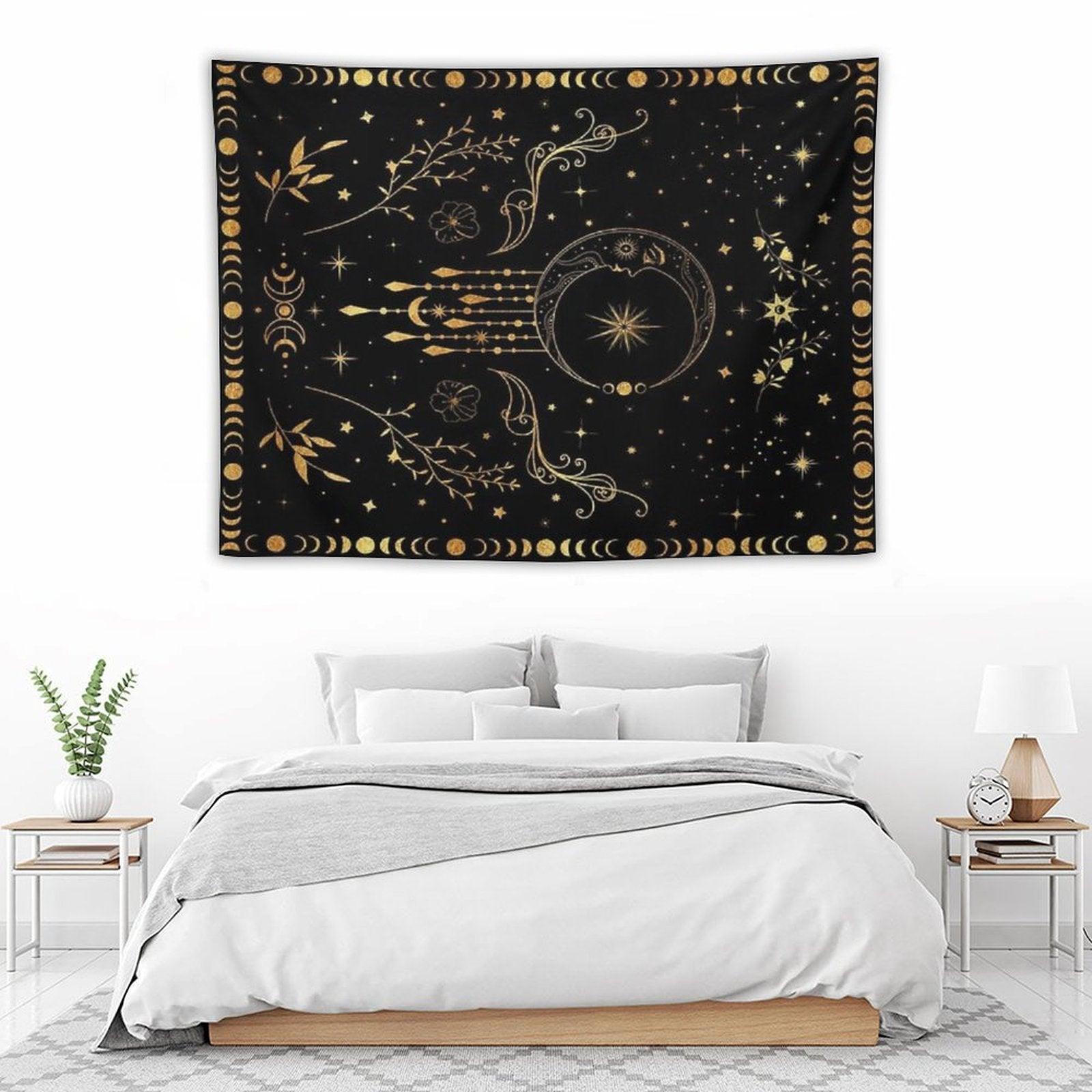 Celestial Crescent Moon with Floral Accents And Moon Phase Tapestry