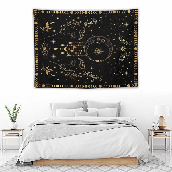 Celestial Crescent Moon with Floral Accents And Moon Phase Tapestry
