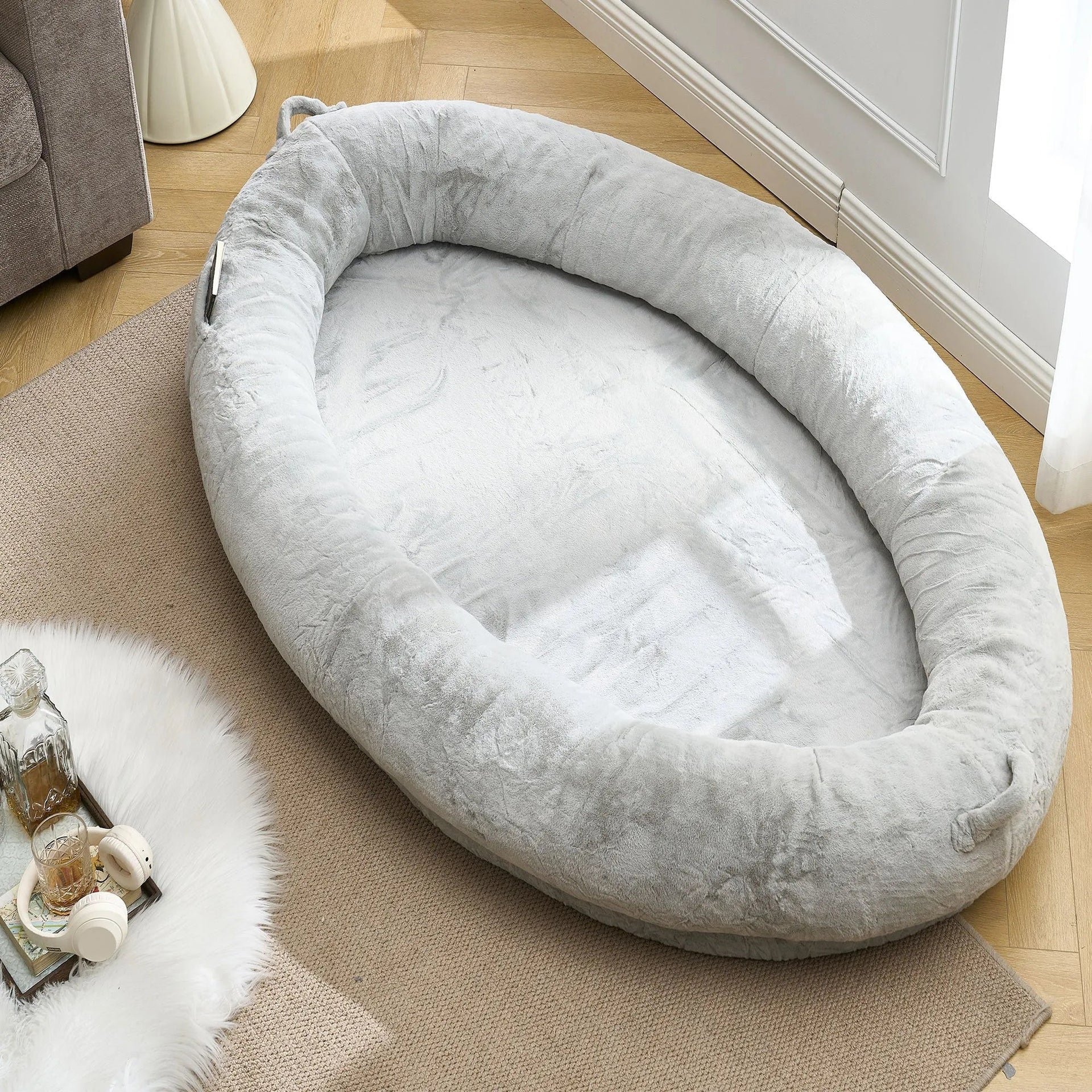 🇫🇷🇪🇪 🇸🇭🇮🇵🇵🇮🇳🇬 Human Dog Bed for Adult, Memory Foam Human Size Pet Bed for Human With Storage Pocket, Light Gray