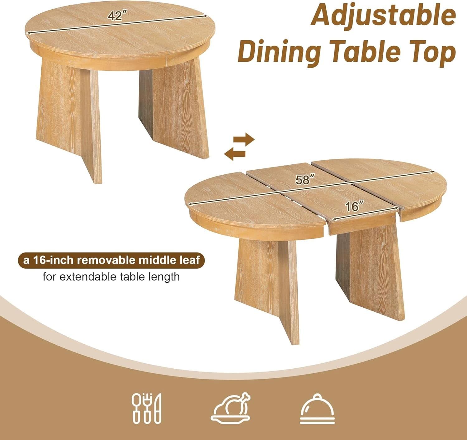Retro Solid Wood Dining Set Natural Finish Extendable