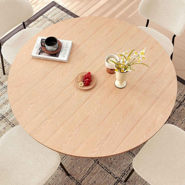 47 Inch Round Dining Table Set Beige Oak Boucle Padded Seating