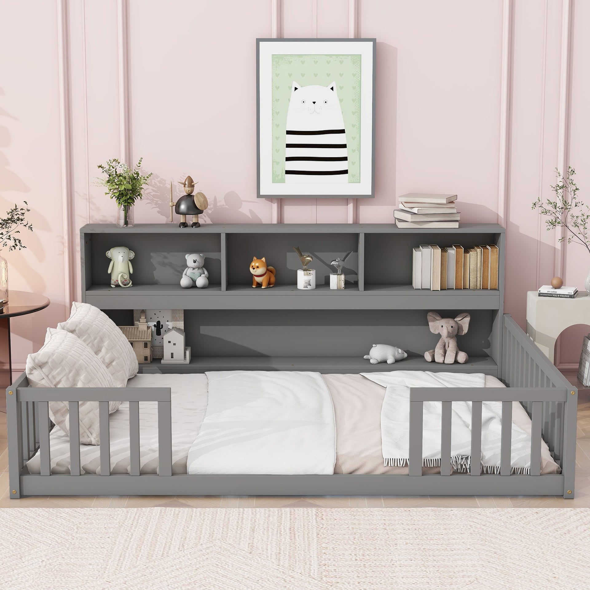 Full Floor Bed With Side Bookcase, Shelves & Guardrails