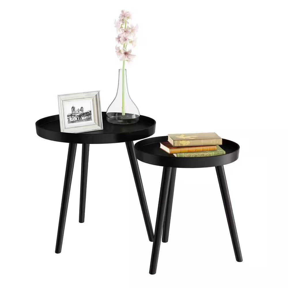 Wooden Nesting round Tray Top Matte Black Side Tables (Set of 2)