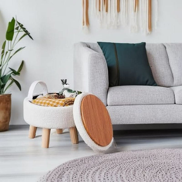Cream Velvet Round Storage Ottoman With Solid Wood Legs