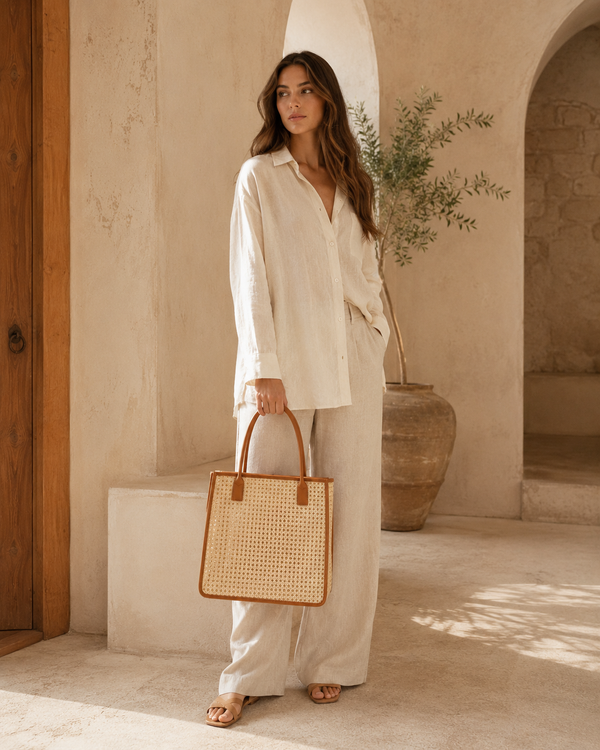 Citra Leather and Rattan Tote Bag