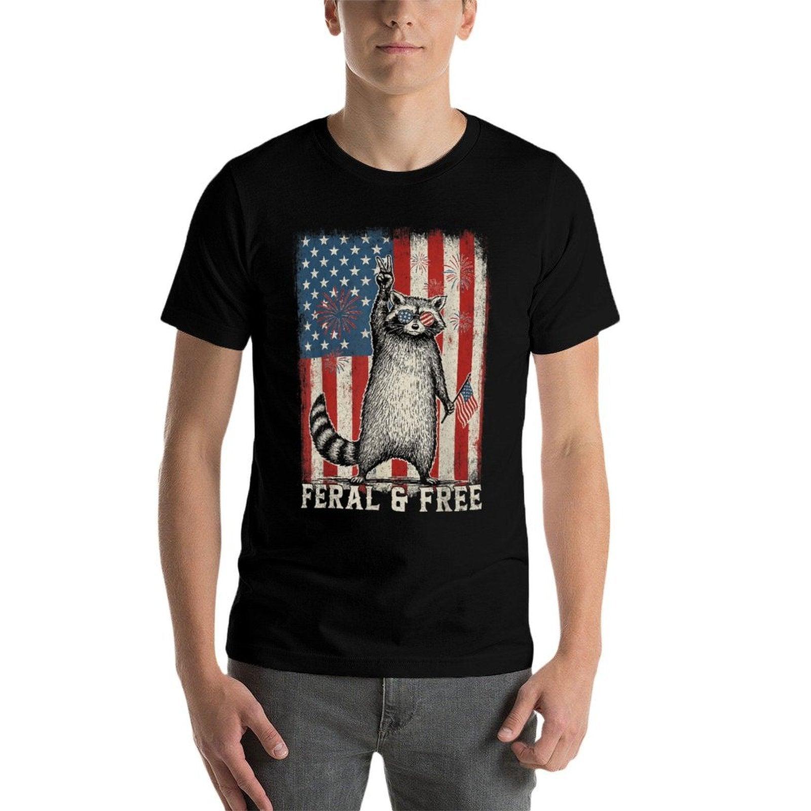 Feral But Free Raccoon July 4th Patriotic for Family  Oversized Silhouette T-Shirt