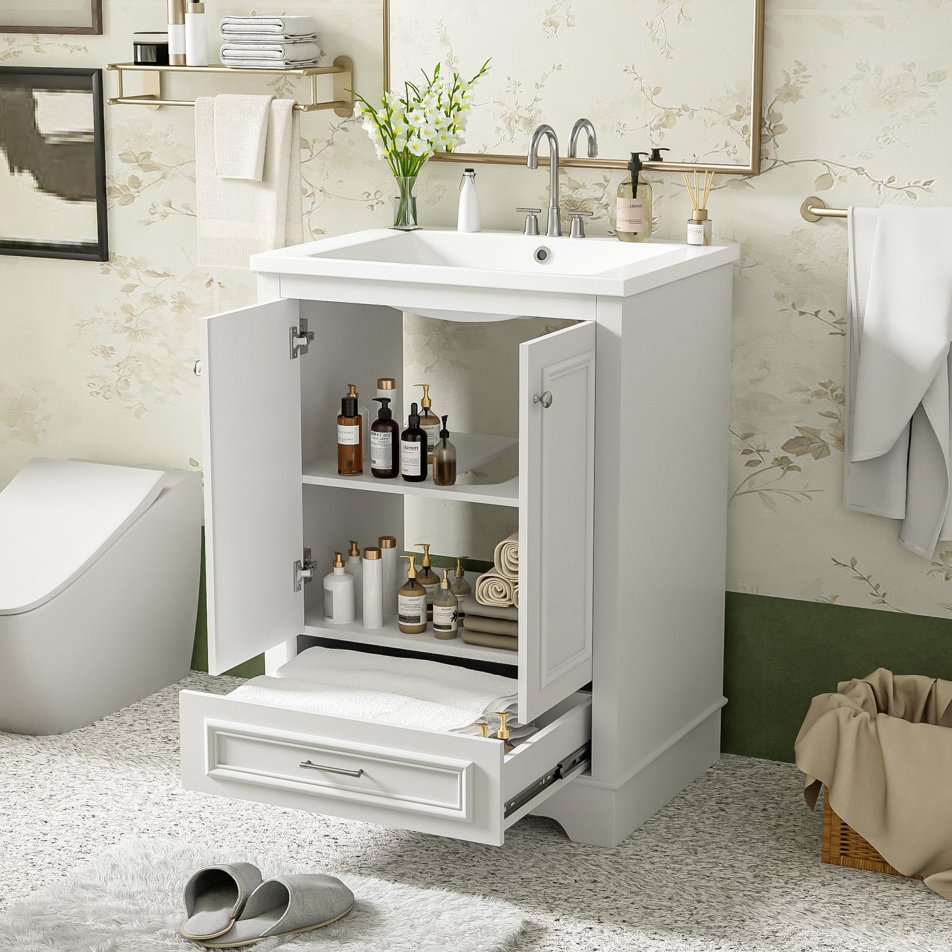 Bathroom Vanity with Ceramic Sink and Modern Freestanding Storage Cabinet, Soft-Close Doors