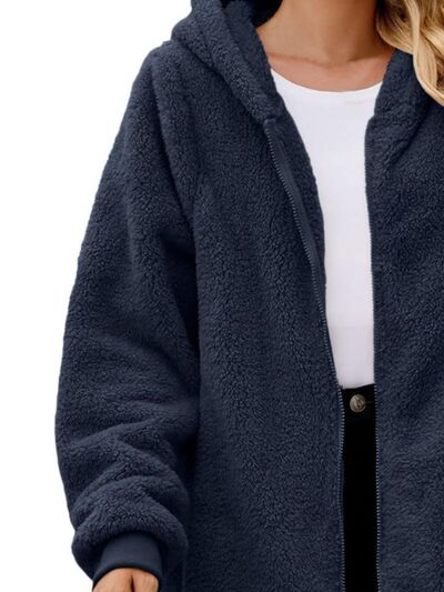 Comfortable Fuzzy Pocketed Zip-Up Long Sleeve Hooded Jacket Cozy & Warm Soft Outerwear For Winter
