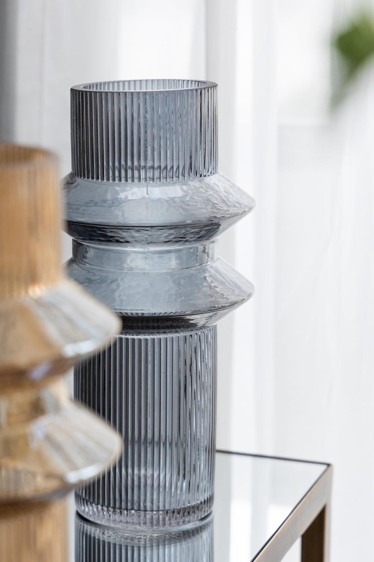 Set of 2 Blue Smoked  Modern Geometric Glass Vase