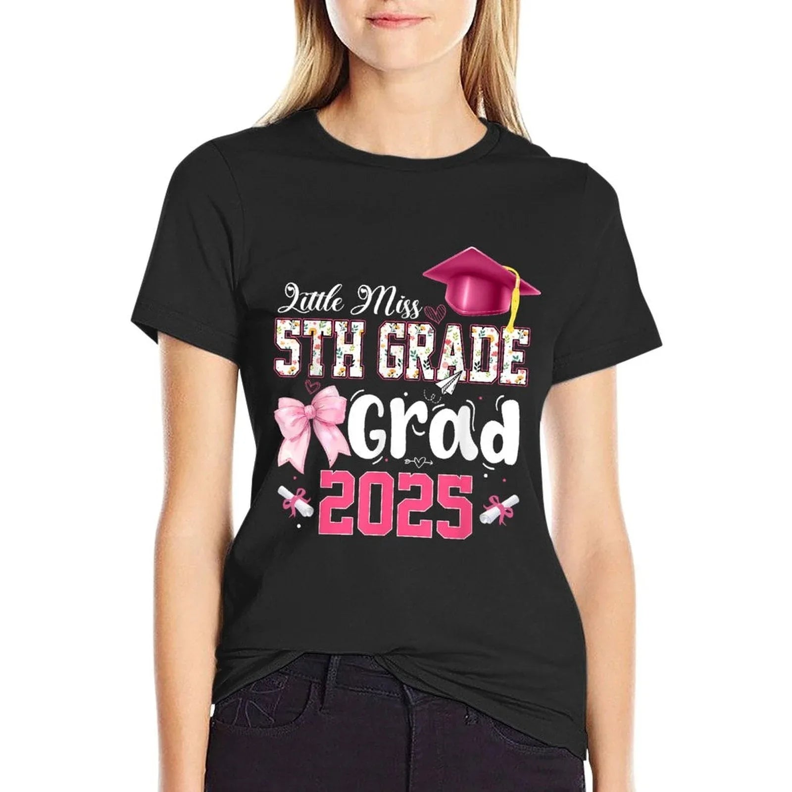 Little Miss 5th Grade Graduation Graduate Coquette Bow Kids  Heathered Texture T-Shirt