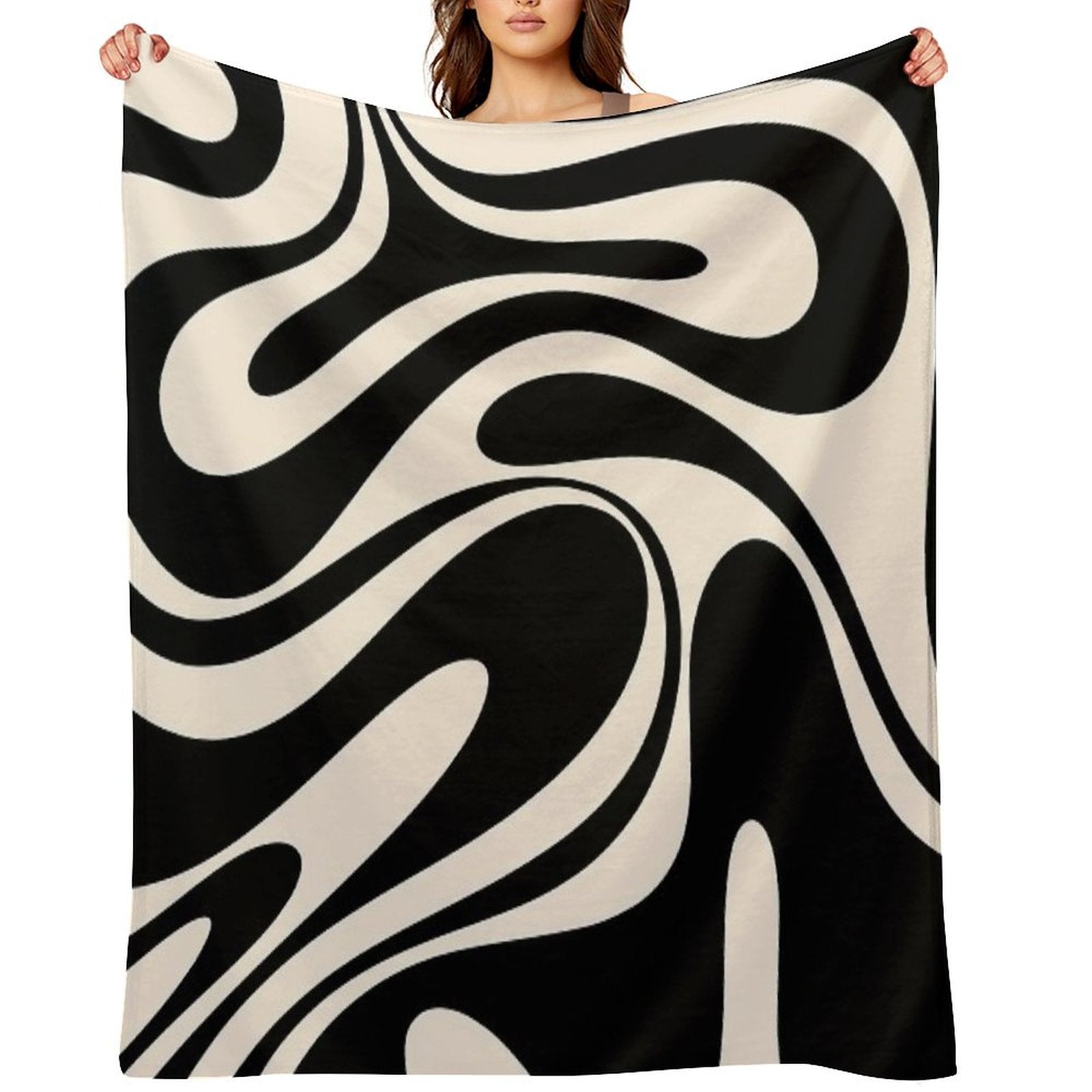 Retro Fantasy Swirl Abstract in Black And Almond Cream All-season Throw Blanket