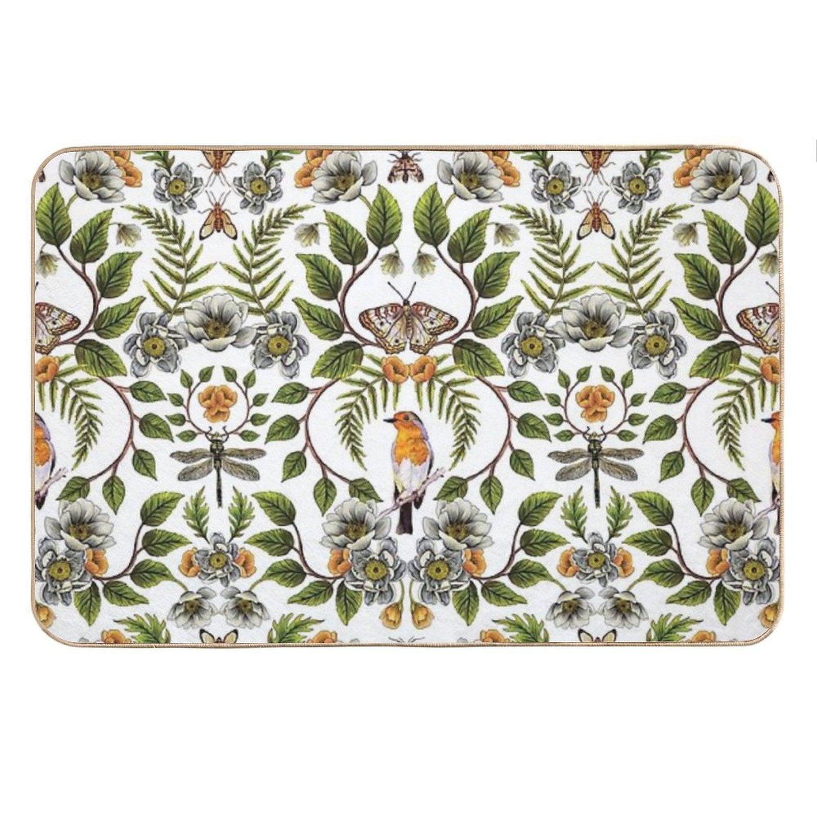 Spring Reflection - FloralBotanical Pattern W Birds, Moths, Dragonflies & Flowers Bath Mat