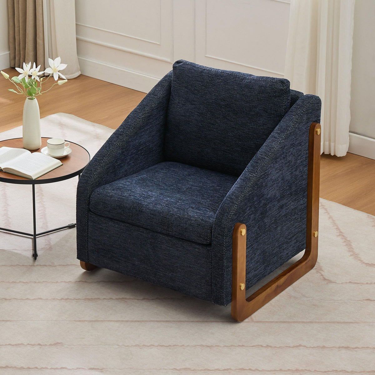 Modern Chenille Upholstered Armchair with Wooden Side Frame in Blue