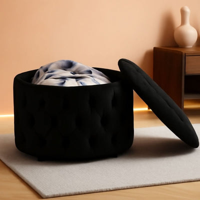 Twenty EightInch Velvety Round Storage Ottoman Black Tufted