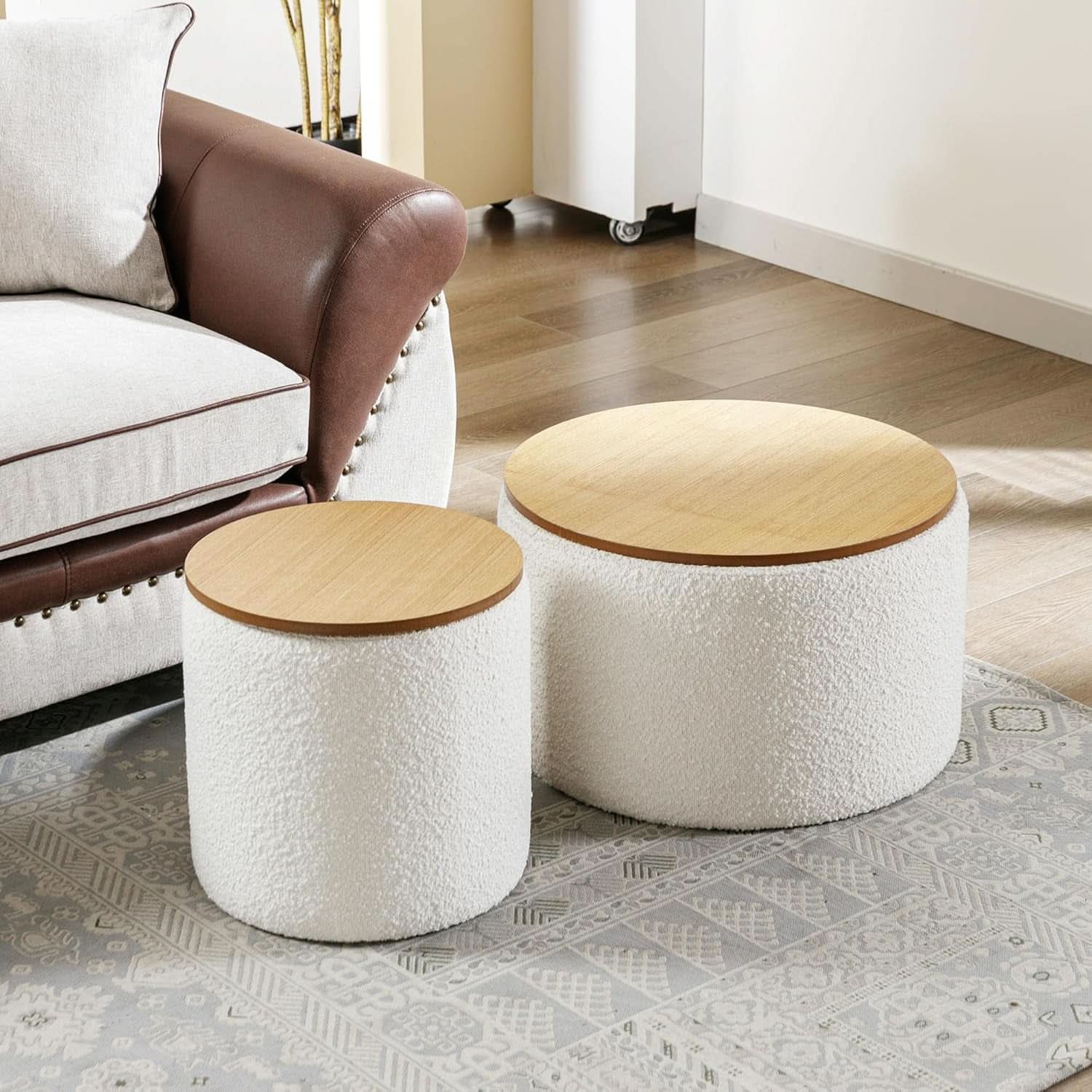Circular Storage Ottoman Sixteen Inch White Boucle